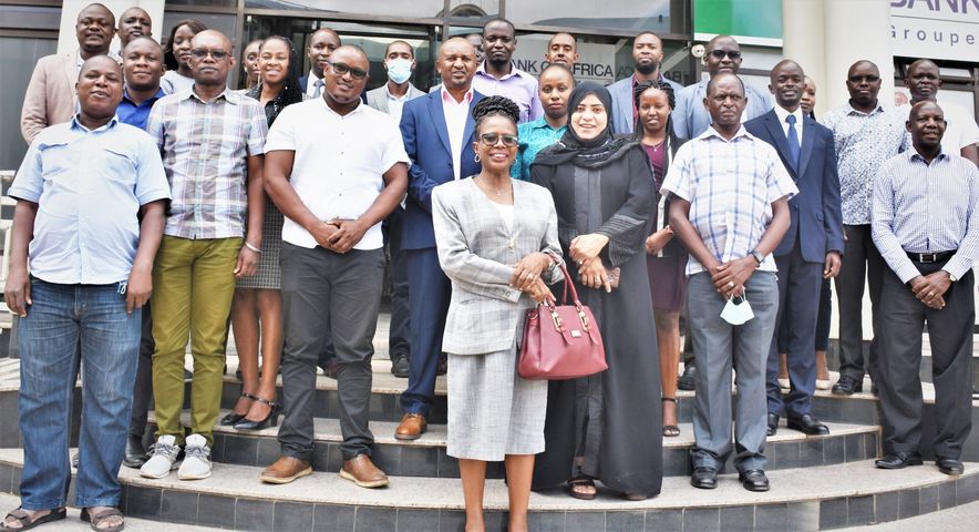 CEO Amos Wangora with stakeholders representatives from the Mombasa Port & Northern Corridor Community Charter at the KenTrade head office, Nairobi